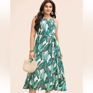BloomChic Plus Size Tropical Print Knotted Pocket Ruffles Belted Halter Dress